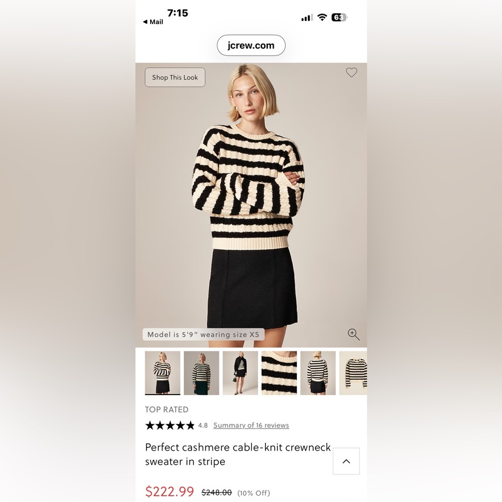 J. Crew cashmere cable-knit crewneck sweater in black and ivory stripe, size L